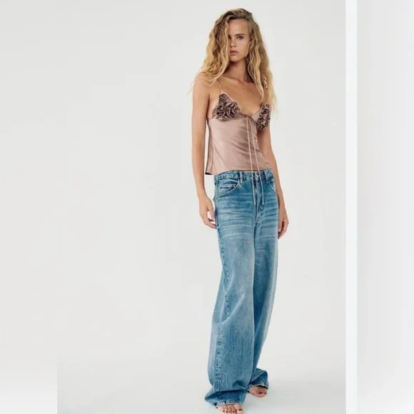 ZARA RUFFLED SATIN EFFECT TOP SZ XL | LIGHT BROWN - Picture 3 of 9